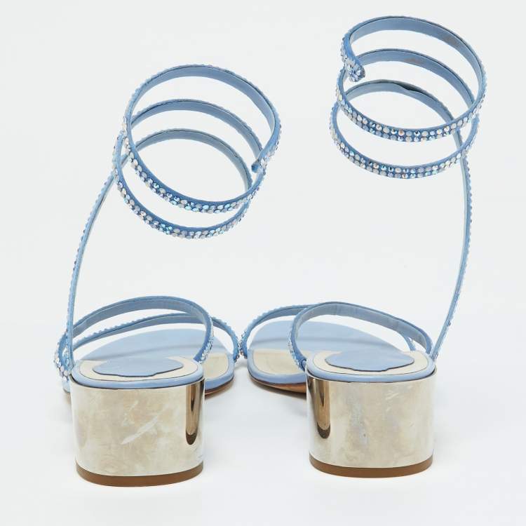 Pre Owned René Caovilla Blue Satin Crystal Embellished Cleo Sandals Size 38