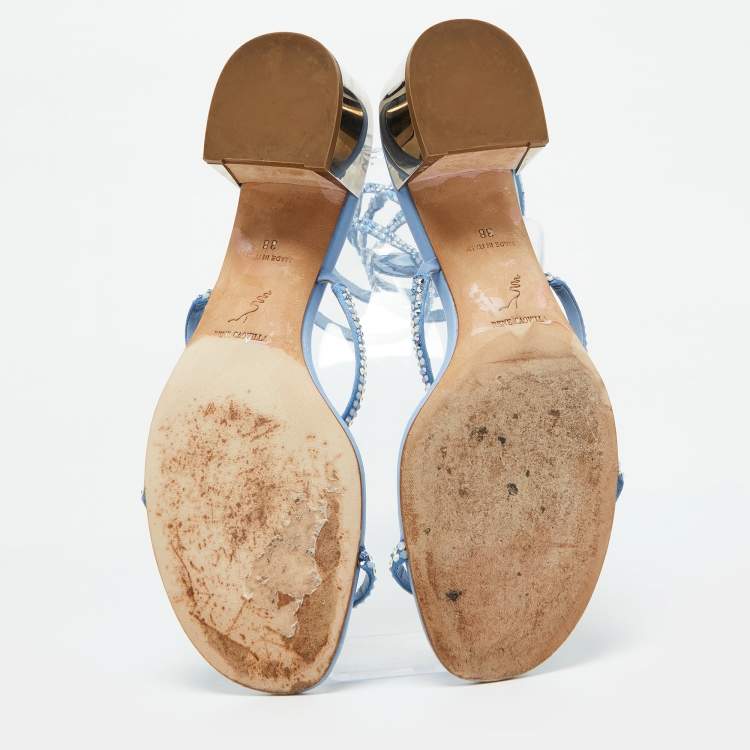 Pre Owned René Caovilla Blue Satin Crystal Embellished Cleo Sandals Size 38