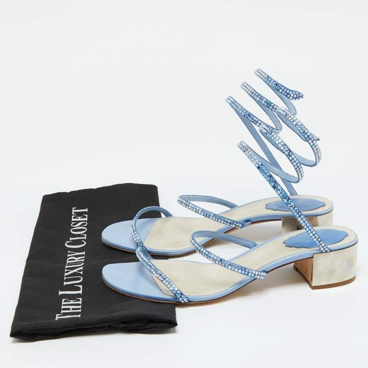 Pre Owned René Caovilla Blue Satin Crystal Embellished Cleo Sandals Size 38
