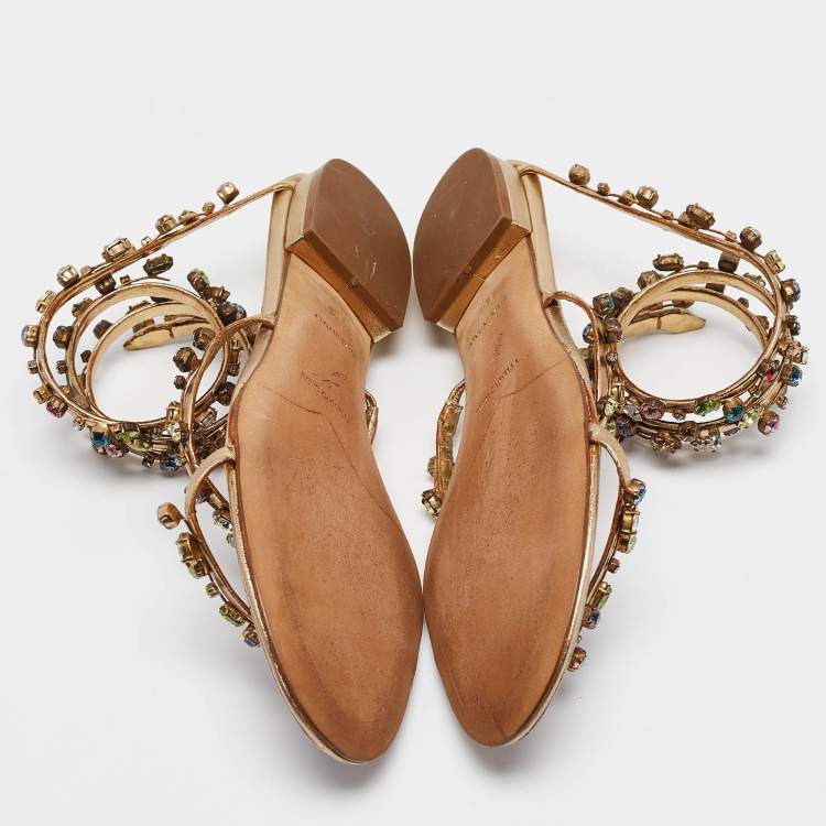 Pre Owned René Caovilla Gold Leather Crystal Embellished Ankle Strap Sandals Size 36
