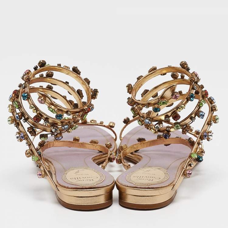 Pre Owned René Caovilla Gold Leather Crystal Embellished Ankle Strap Sandals Size 36