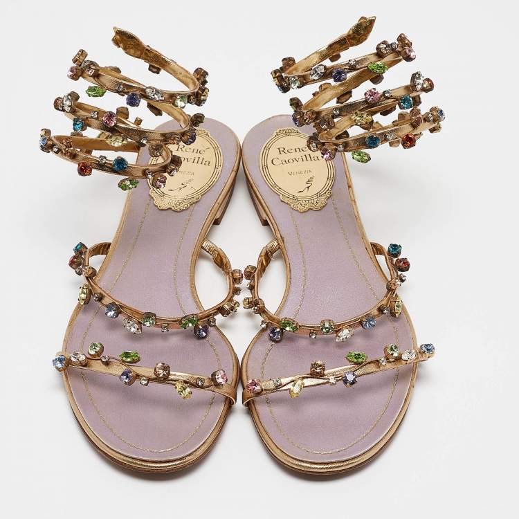 Pre Owned René Caovilla Gold Leather Crystal Embellished Ankle Strap Sandals Size 36