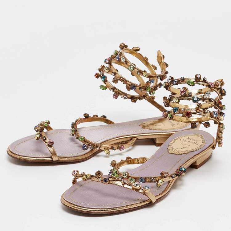 Pre Owned René Caovilla Gold Leather Crystal Embellished Ankle Strap Sandals Size 36