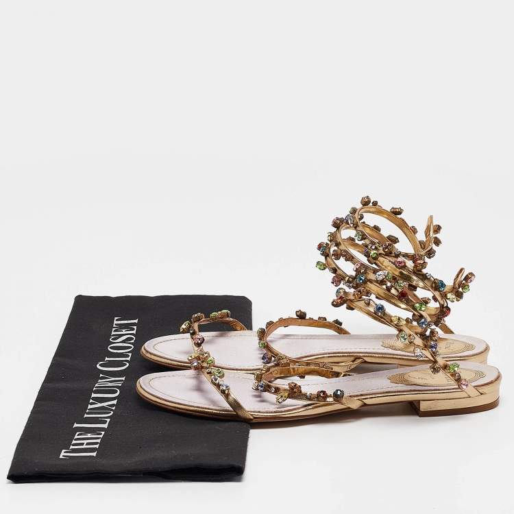 Pre Owned René Caovilla Gold Leather Crystal Embellished Ankle Strap Sandals Size 36