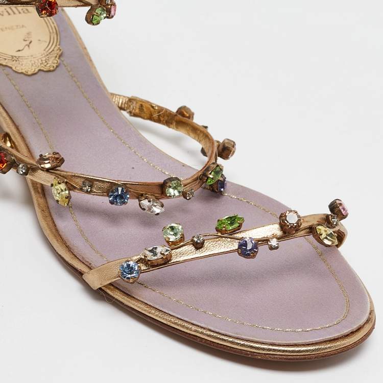 Pre Owned René Caovilla Gold Leather Crystal Embellished Ankle Strap Sandals Size 36