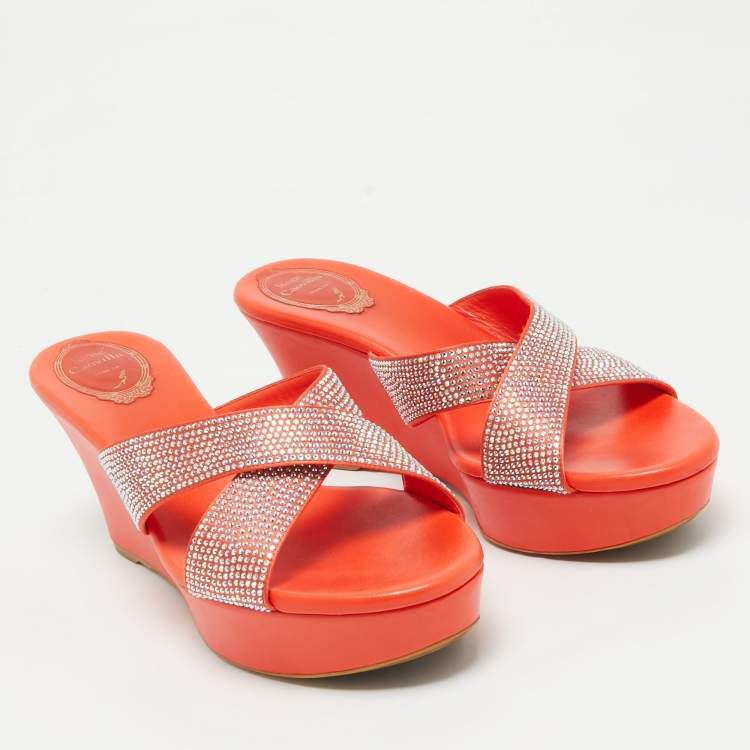 Pre Owned René Caovilla Orange Satin Crystal Embellished Platform Wedge Sandals Size 39