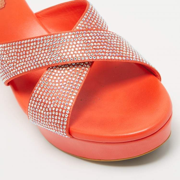 Pre Owned René Caovilla Orange Satin Crystal Embellished Platform Wedge Sandals Size 39