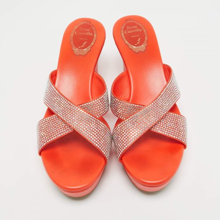 Pre Owned René Caovilla Orange Satin Crystal Embellished Platform Wedge Sandals Size 39