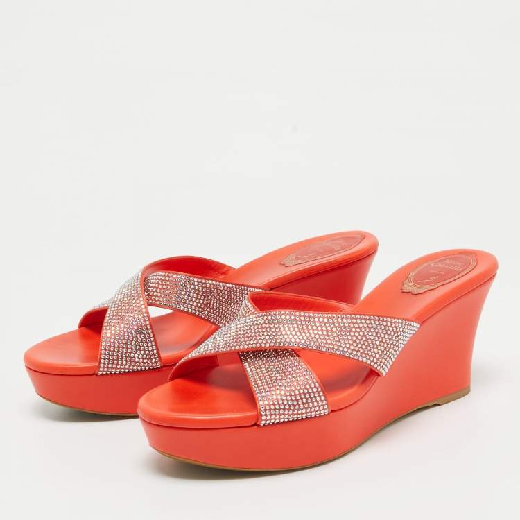 Pre Owned René Caovilla Orange Satin Crystal Embellished Platform Wedge Sandals Size 39