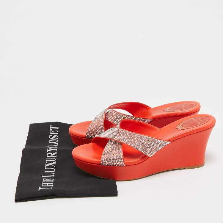 Pre Owned René Caovilla Orange Satin Crystal Embellished Platform Wedge Sandals Size 39