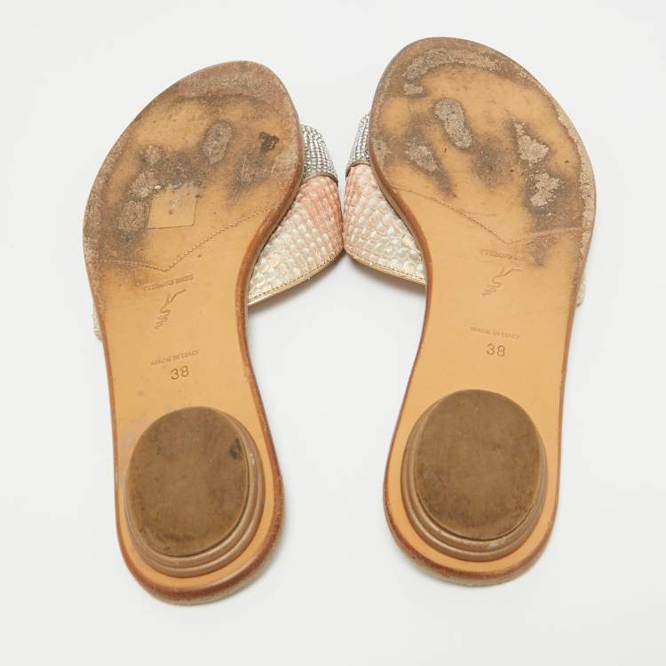 Pre Owned René Caovilla Multicolor Python and Satin Crystal Embellished Flat Sandals Size 38