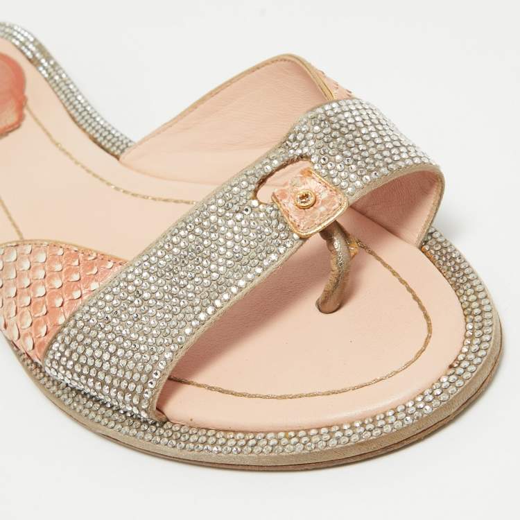 Pre Owned René Caovilla Multicolor Python and Satin Crystal Embellished Flat Sandals Size 38