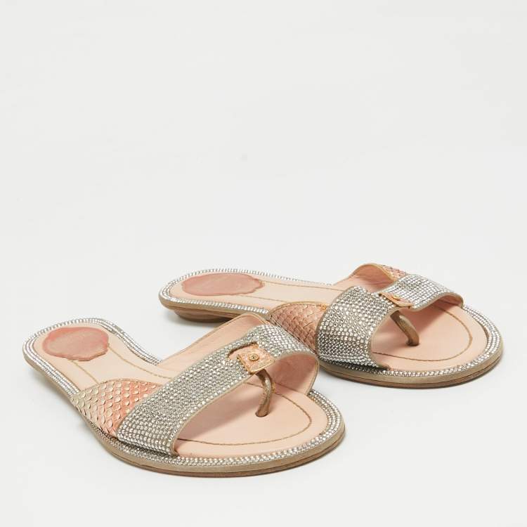 Pre Owned René Caovilla Multicolor Python and Satin Crystal Embellished Flat Sandals Size 38
