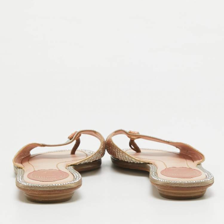 Pre Owned René Caovilla Multicolor Python and Satin Crystal Embellished Flat Sandals Size 38
