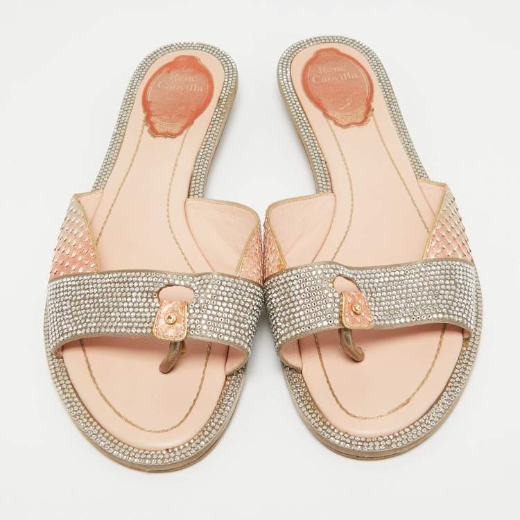 Pre Owned René Caovilla Multicolor Python and Satin Crystal Embellished Flat Sandals Size 38