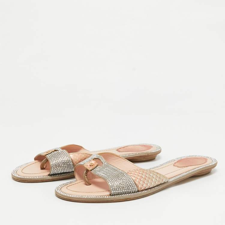 Pre Owned René Caovilla Multicolor Python and Satin Crystal Embellished Flat Sandals Size 38