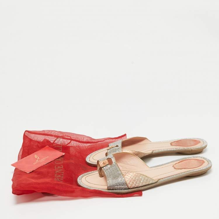 Pre Owned René Caovilla Multicolor Python and Satin Crystal Embellished Flat Sandals Size 38