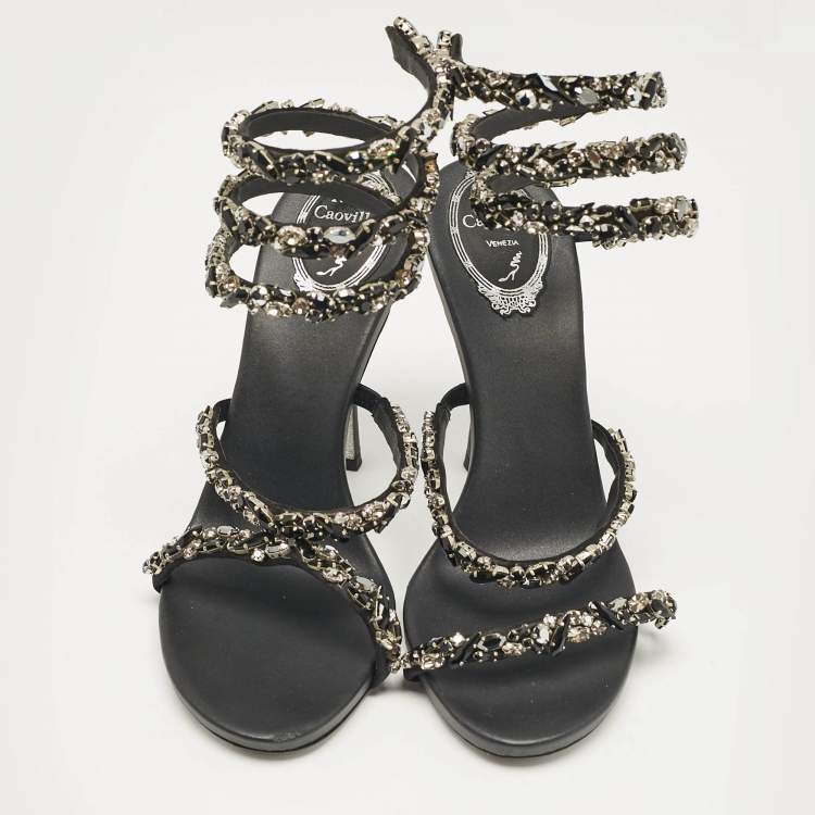 Pre Owned René Caovilla Black Satin Crystal Embellished Cleo Sandals Size 38.5