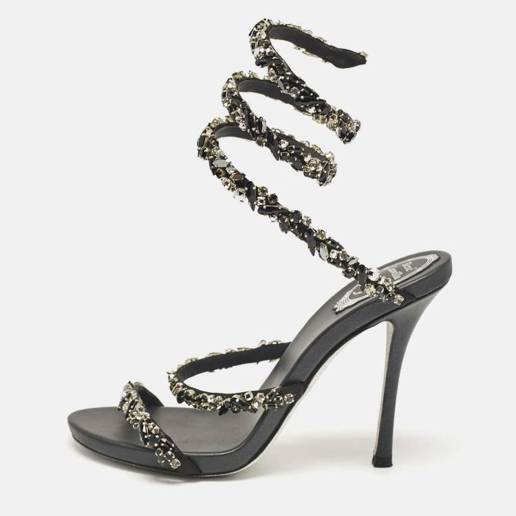 Pre Owned René Caovilla Black Satin Crystal Embellished Cleo Sandals Size 38.5