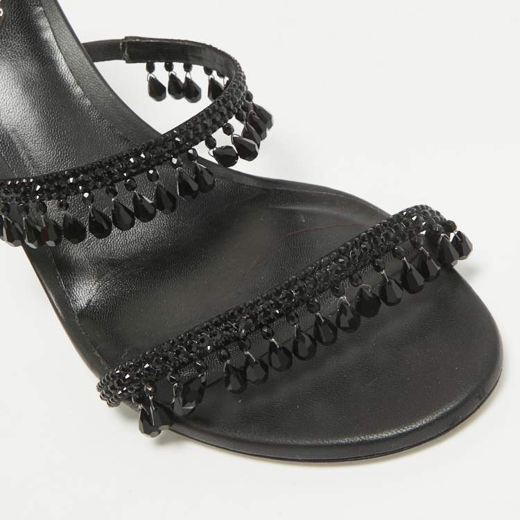 Pre Owned René Caovilla Black Satin Crystal Embellished Chandelier Slide Sandals Size 39