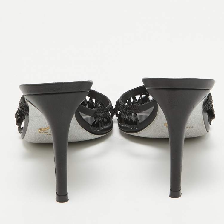 Pre Owned René Caovilla Black Satin Crystal Embellished Chandelier Slide Sandals Size 39