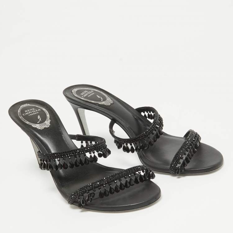 Pre Owned René Caovilla Black Satin Crystal Embellished Chandelier Slide Sandals Size 39