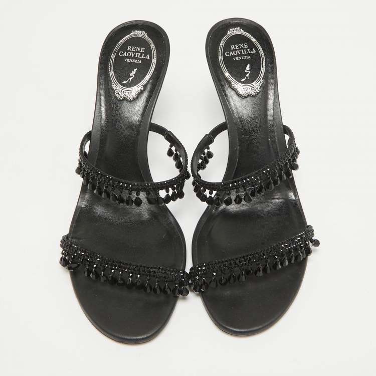 Pre Owned René Caovilla Black Satin Crystal Embellished Chandelier Slide Sandals Size 39