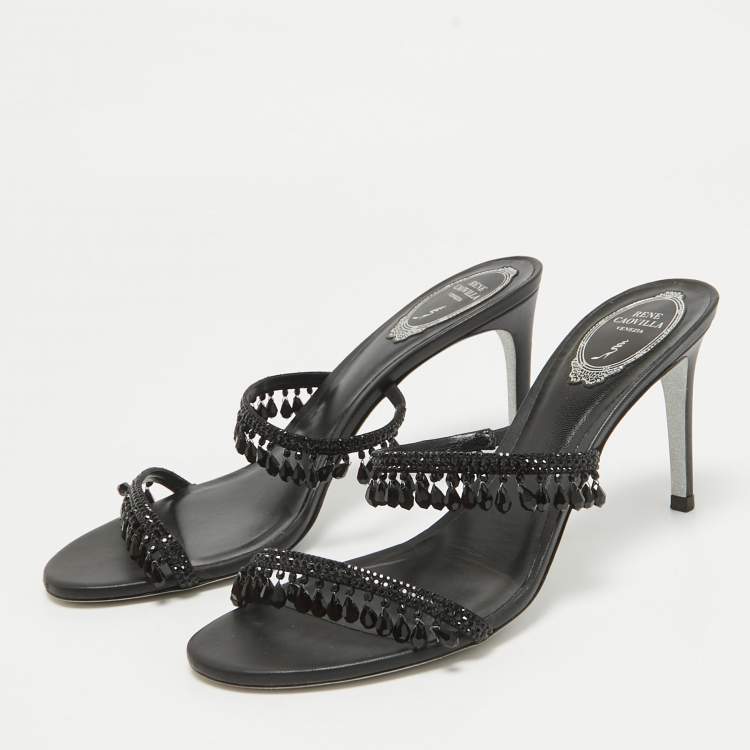 Pre Owned René Caovilla Black Satin Crystal Embellished Chandelier Slide Sandals Size 39