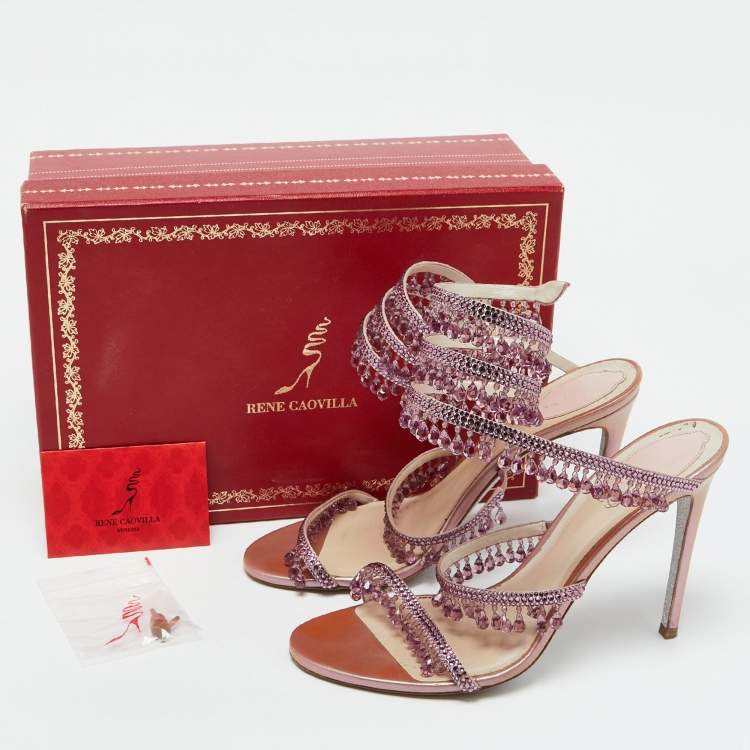 مملوكة مسبقًا René Caovilla Pink Satin Crystal Embellished Chandelier Ankle Wrap Sandals Size 39