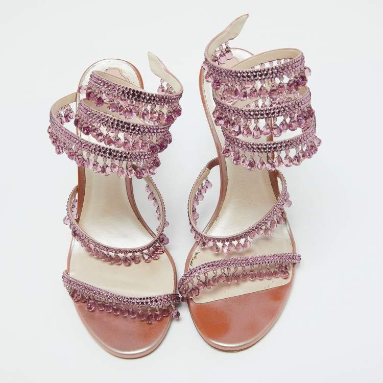 مملوكة مسبقًا René Caovilla Pink Satin Crystal Embellished Chandelier Ankle Wrap Sandals Size 39