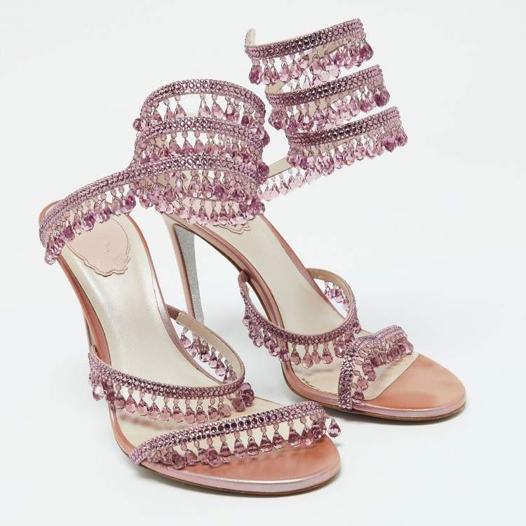 مملوكة مسبقًا René Caovilla Pink Satin Crystal Embellished Chandelier Ankle Wrap Sandals Size 39