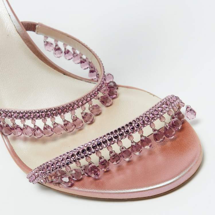 مملوكة مسبقًا René Caovilla Pink Satin Crystal Embellished Chandelier Ankle Wrap Sandals Size 39