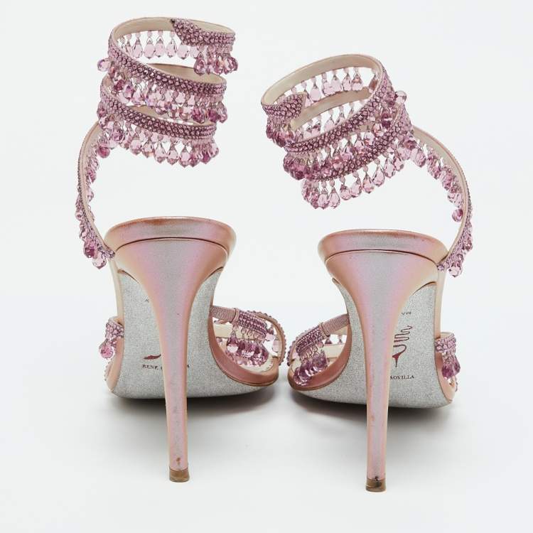 مملوكة مسبقًا René Caovilla Pink Satin Crystal Embellished Chandelier Ankle Wrap Sandals Size 39