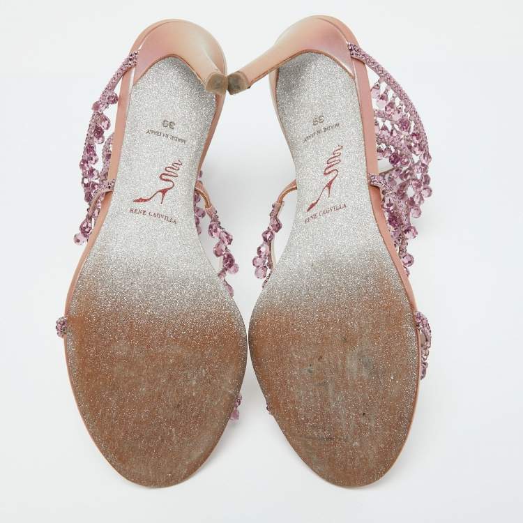 مملوكة مسبقًا René Caovilla Pink Satin Crystal Embellished Chandelier Ankle Wrap Sandals Size 39