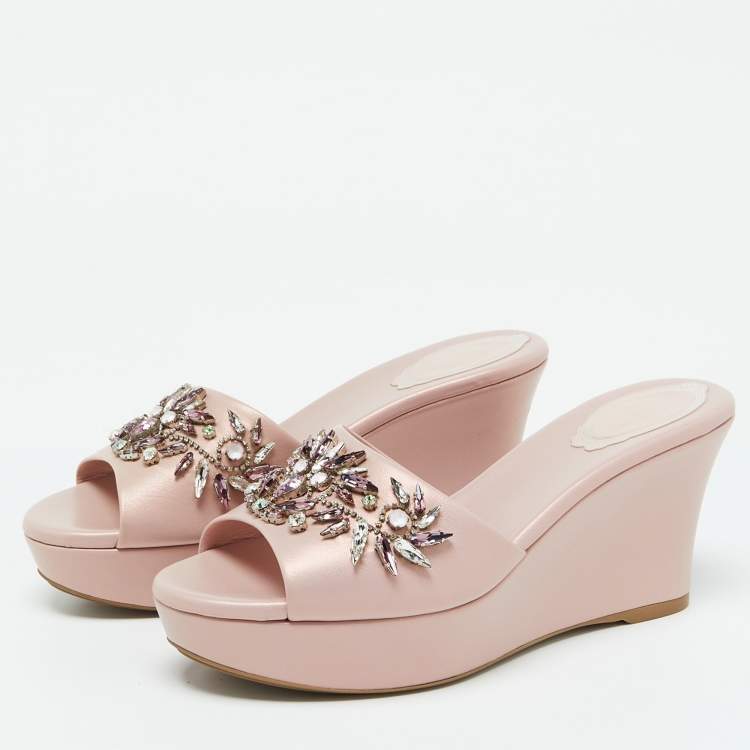 Pre Owned René Caovilla Pink Leather Crystal Embellished Platform Wedge Sandals Size 36