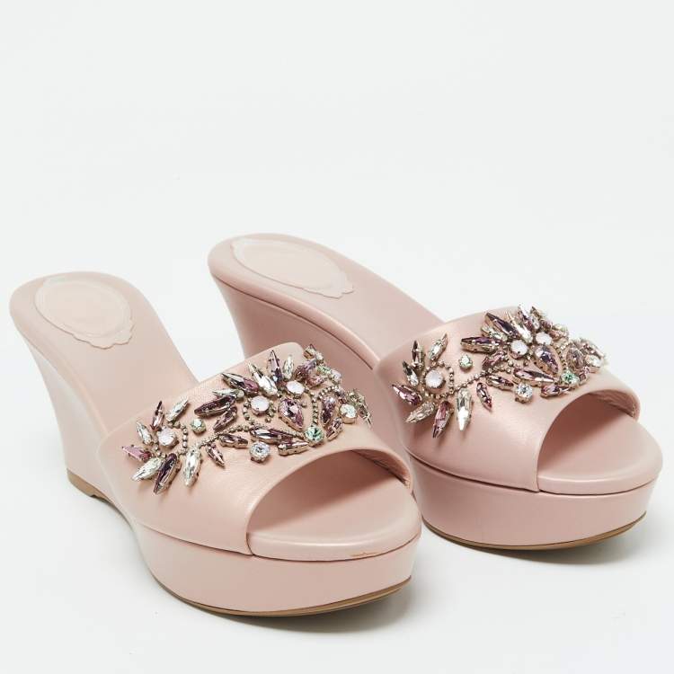 Pre Owned René Caovilla Pink Leather Crystal Embellished Platform Wedge Sandals Size 36