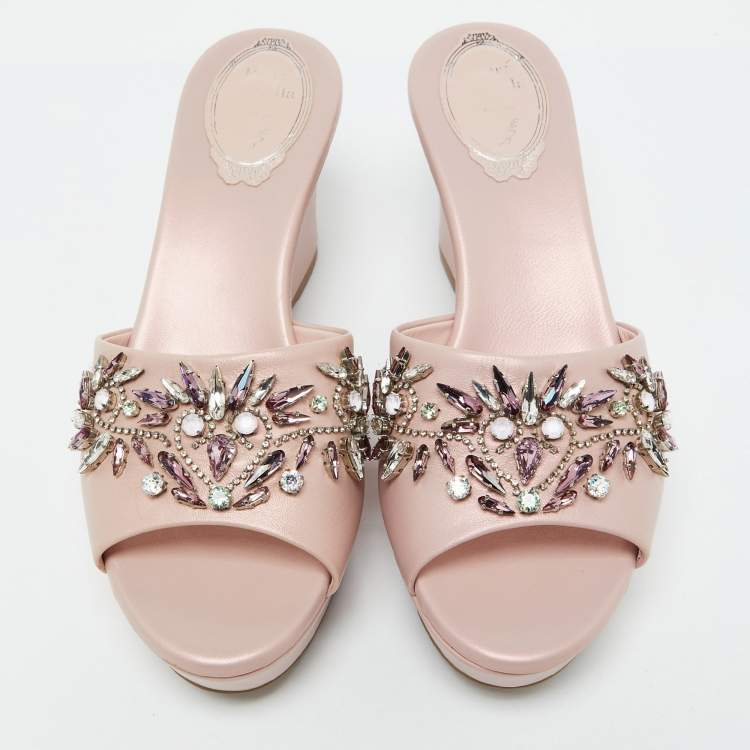 Pre Owned René Caovilla Pink Leather Crystal Embellished Platform Wedge Sandals Size 36