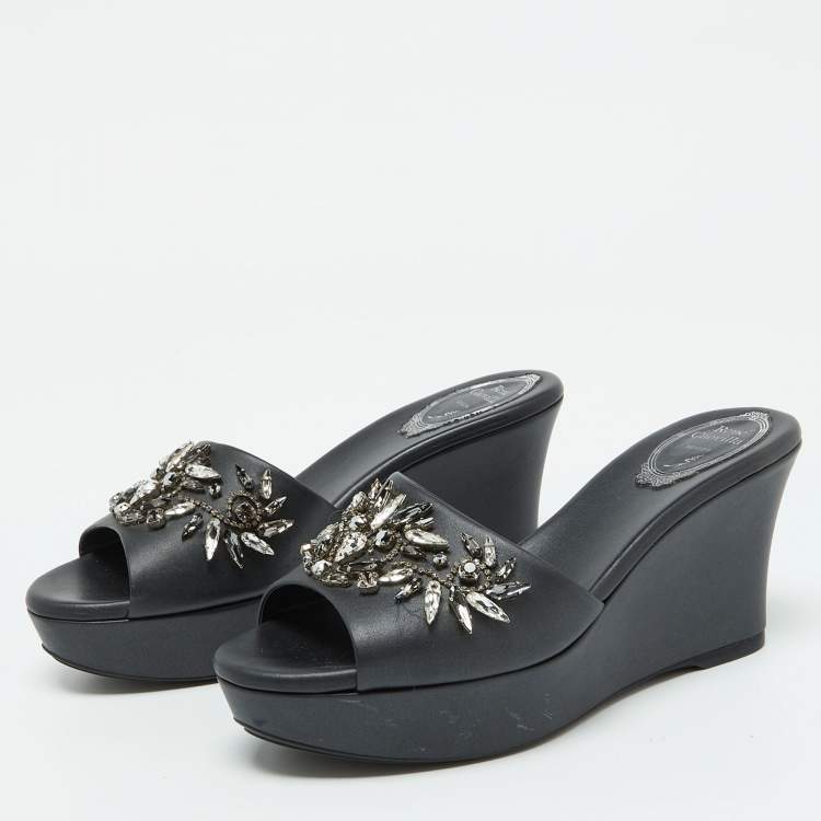 Pre Owned René Caovilla Black Leather Crystal Embellished Platform Wedge Sandals Size 36