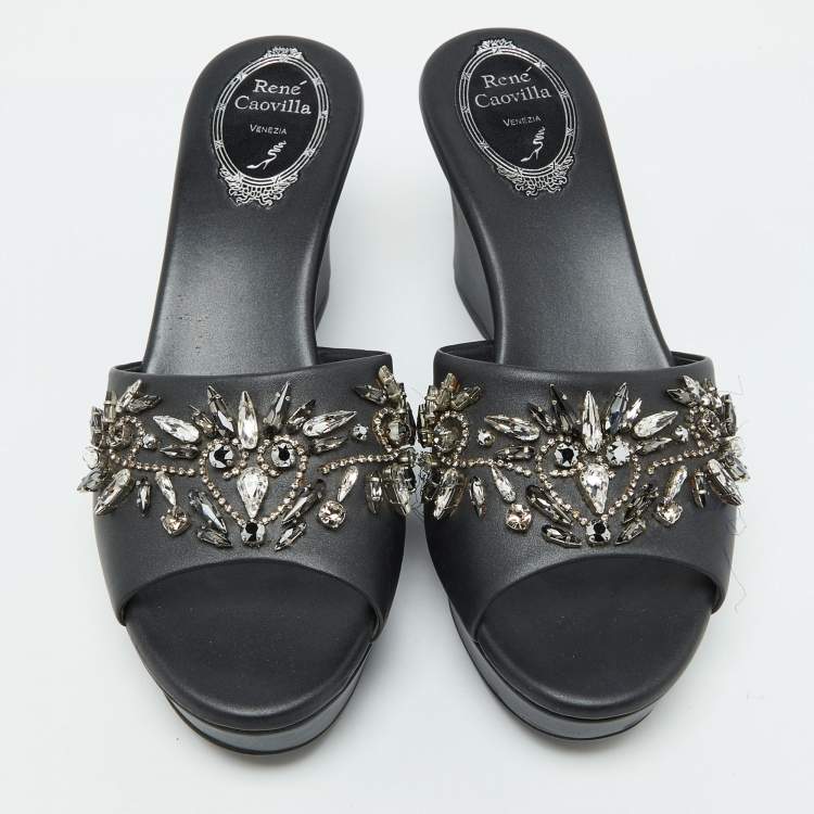 Pre Owned René Caovilla Black Leather Crystal Embellished Platform Wedge Sandals Size 36