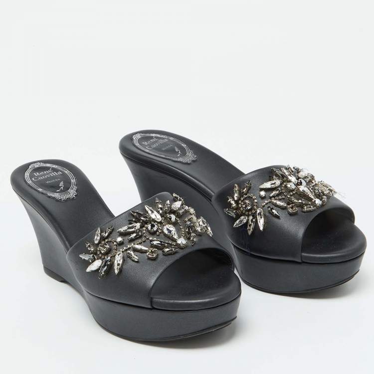 Pre Owned René Caovilla Black Leather Crystal Embellished Platform Wedge Sandals Size 36