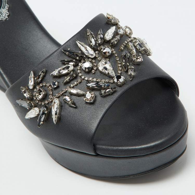 Pre Owned René Caovilla Black Leather Crystal Embellished Platform Wedge Sandals Size 36
