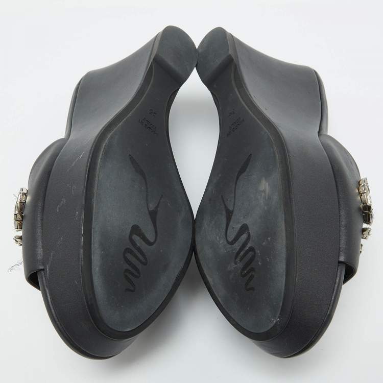 Pre Owned René Caovilla Black Leather Crystal Embellished Platform Wedge Sandals Size 36