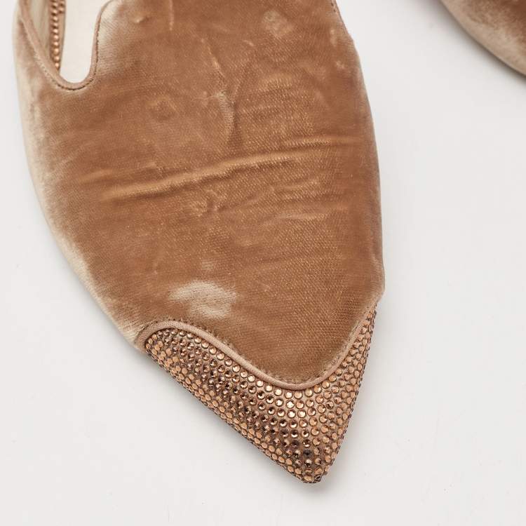 Pre Owned René Caovilla Brown Velvet Crystal Embellished Flat Mules Size 36