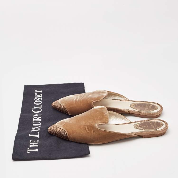 Pre Owned René Caovilla Brown Velvet Crystal Embellished Flat Mules Size 36