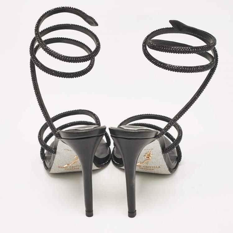 Pre Owned Rene Caovilla Black Satin and Leather Cleo Crystal Embellished Sandals Size 40