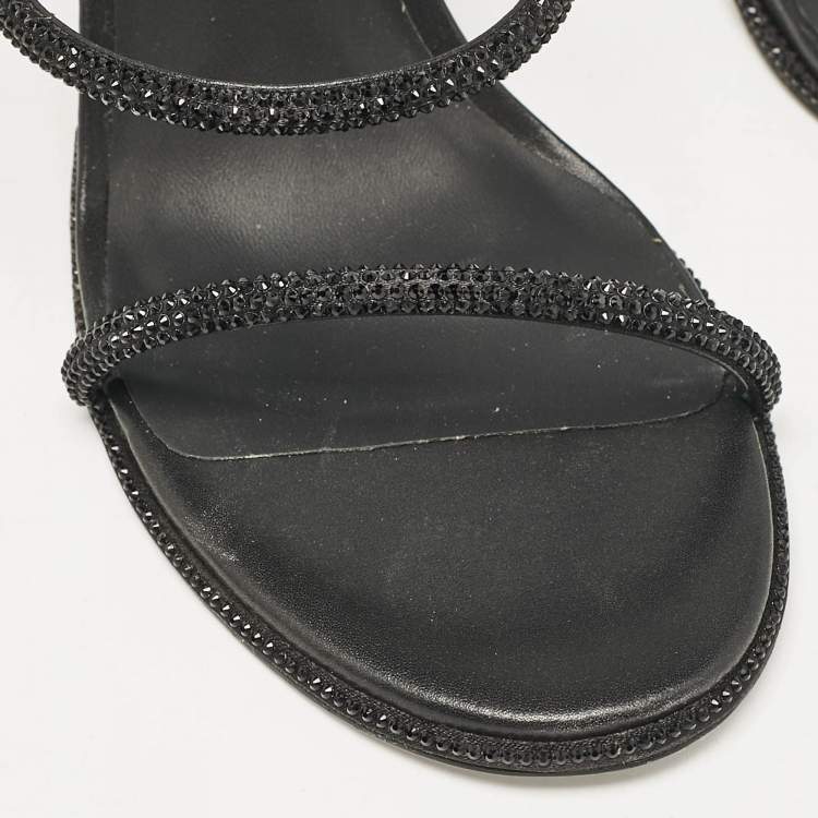 Pre Owned Rene Caovilla Black Satin and Leather Cleo Crystal Embellished Sandals Size 40
