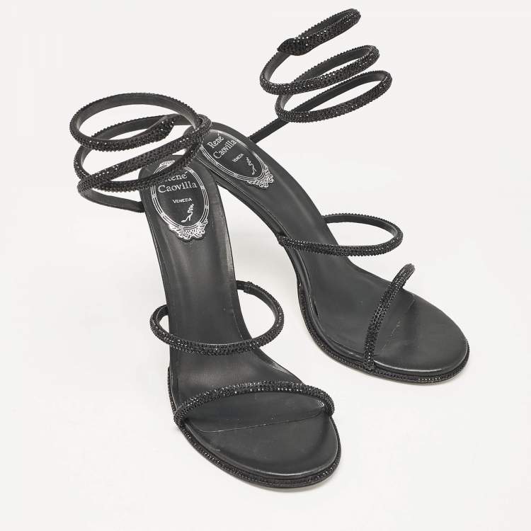 Pre Owned Rene Caovilla Black Satin and Leather Cleo Crystal Embellished Sandals Size 40