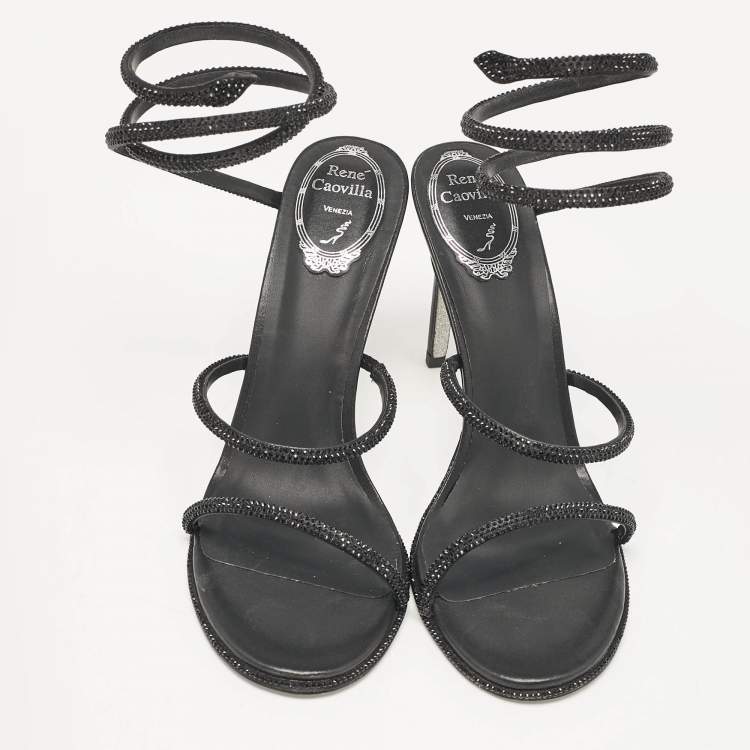 Pre Owned Rene Caovilla Black Satin and Leather Cleo Crystal Embellished Sandals Size 40