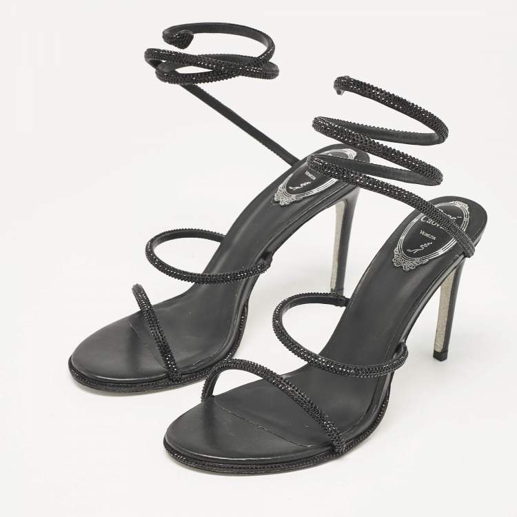 Pre Owned Rene Caovilla Black Satin and Leather Cleo Crystal Embellished Sandals Size 40