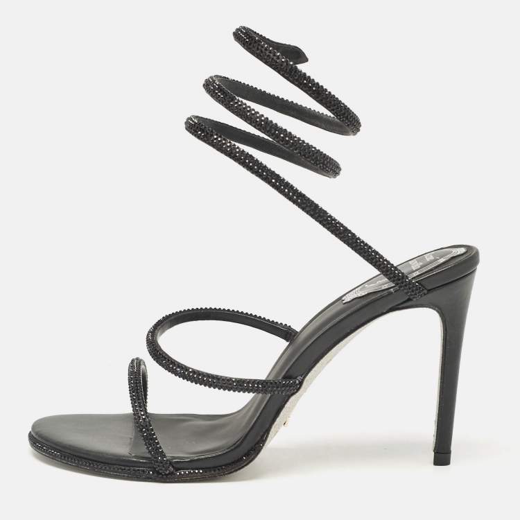 Pre Owned Rene Caovilla Black Satin and Leather Cleo Crystal Embellished Sandals Size 40